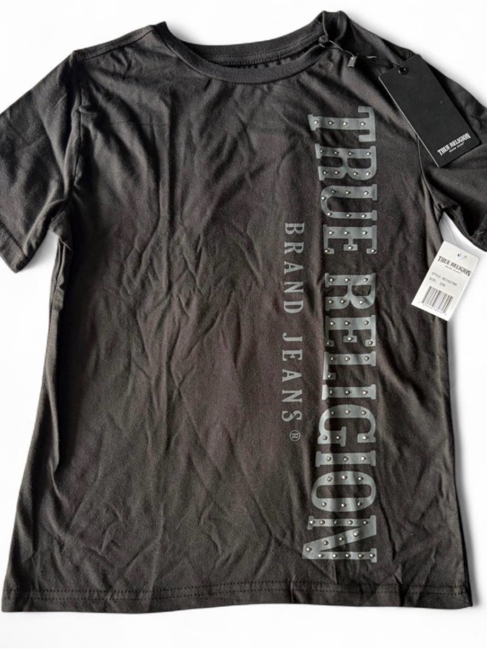 NWT 🧲 $50 True Religion black baby tee with silver studs Size 8